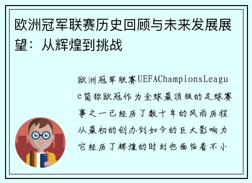 欧洲冠军联赛历史回顾与未来发展展望：从辉煌到挑战