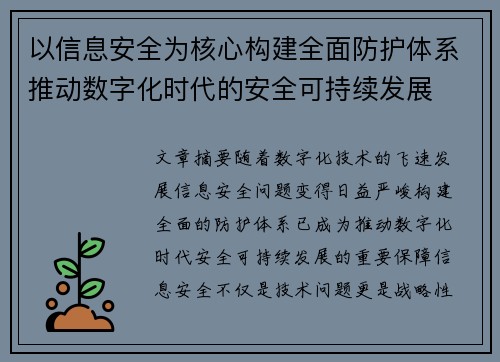 以信息安全为核心构建全面防护体系推动数字化时代的安全可持续发展