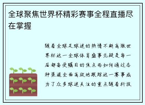 全球聚焦世界杯精彩赛事全程直播尽在掌握