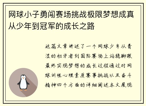 网球小子勇闯赛场挑战极限梦想成真从少年到冠军的成长之路
