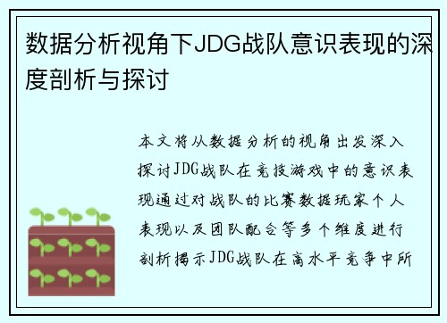 数据分析视角下JDG战队意识表现的深度剖析与探讨